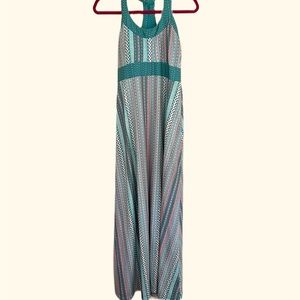 Prana teal geometric maxi dress with built in bra womens size small
